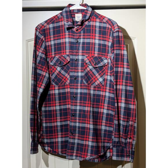 Lands' End Canvas Cotton Red Navy Plaid Pocket Flannel Button Up Shirt Mens M - Picture 1 of 10